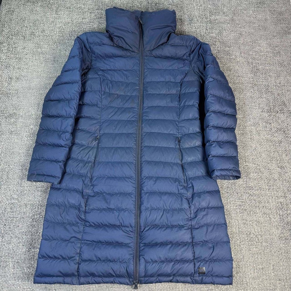 MEC Longline Puffer Jacket Womens Medium Navy Blue Quilted Funnel Neck Parka